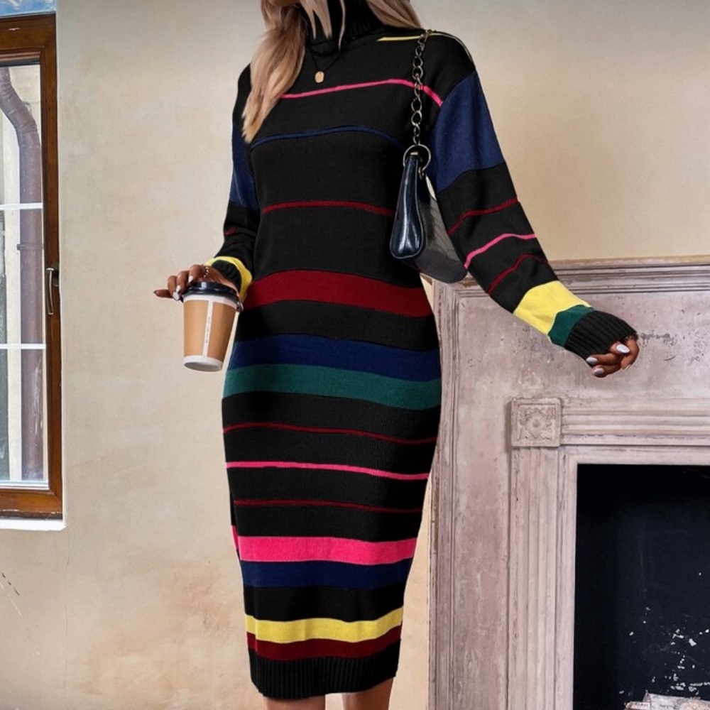 Striped Pattern Colorblock Sweater Dress. - Picture 10 of 16
